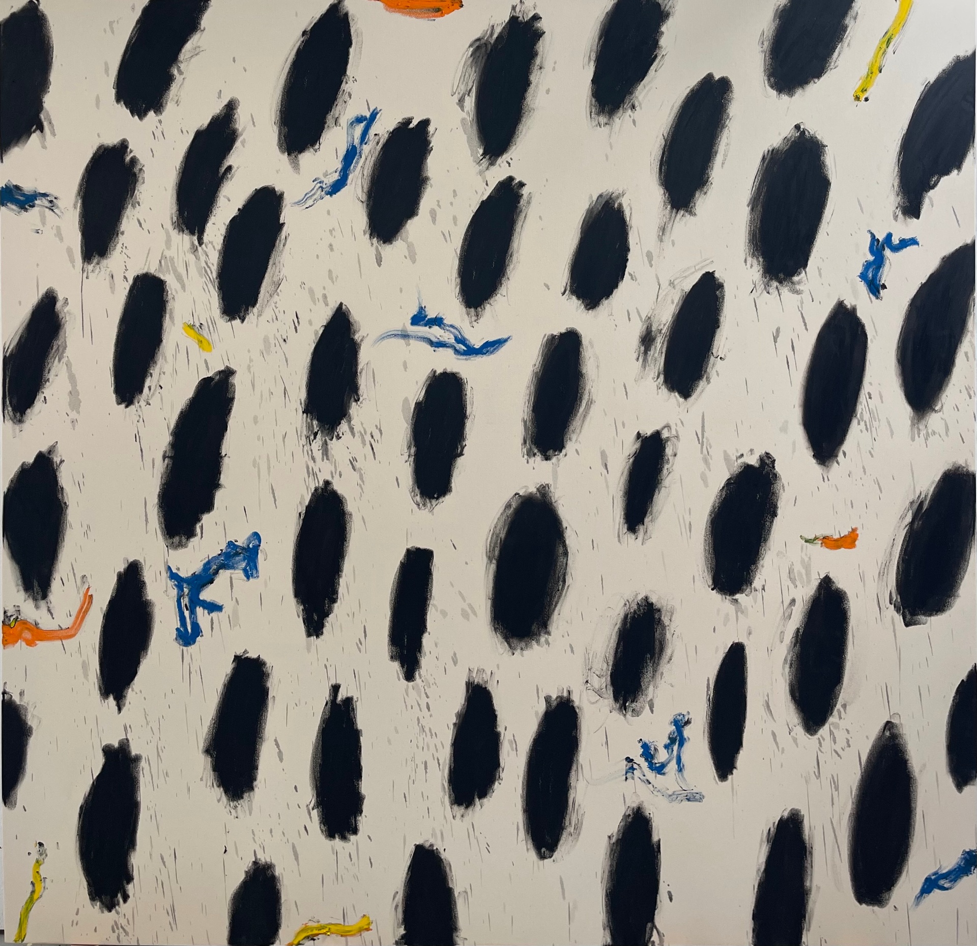 Dalmatin #001 — large painting of black ovals with blue and orange accents