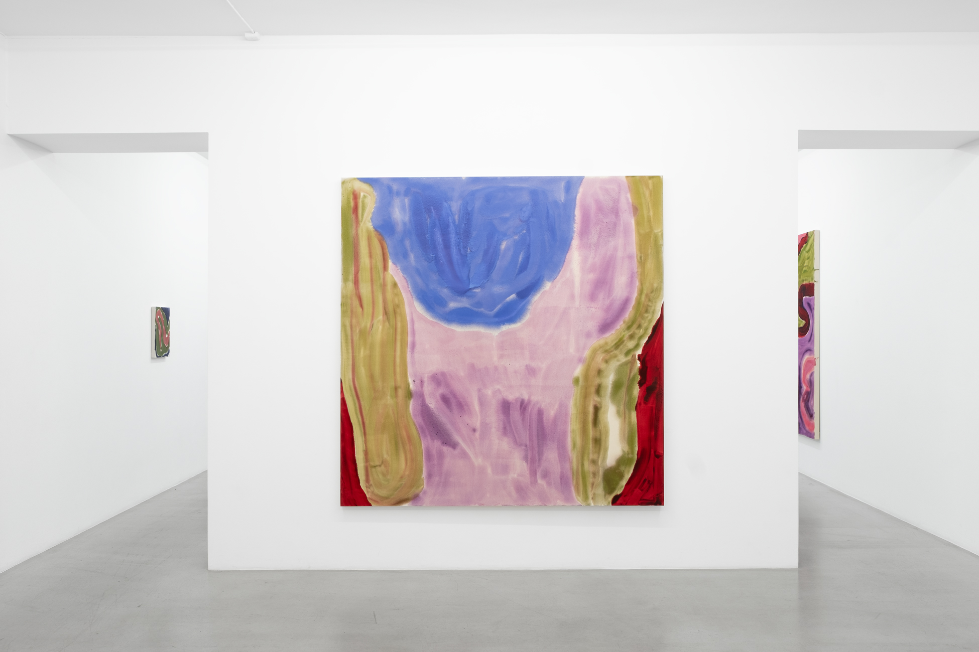 Installation view, Maitri — pink, green and red painting