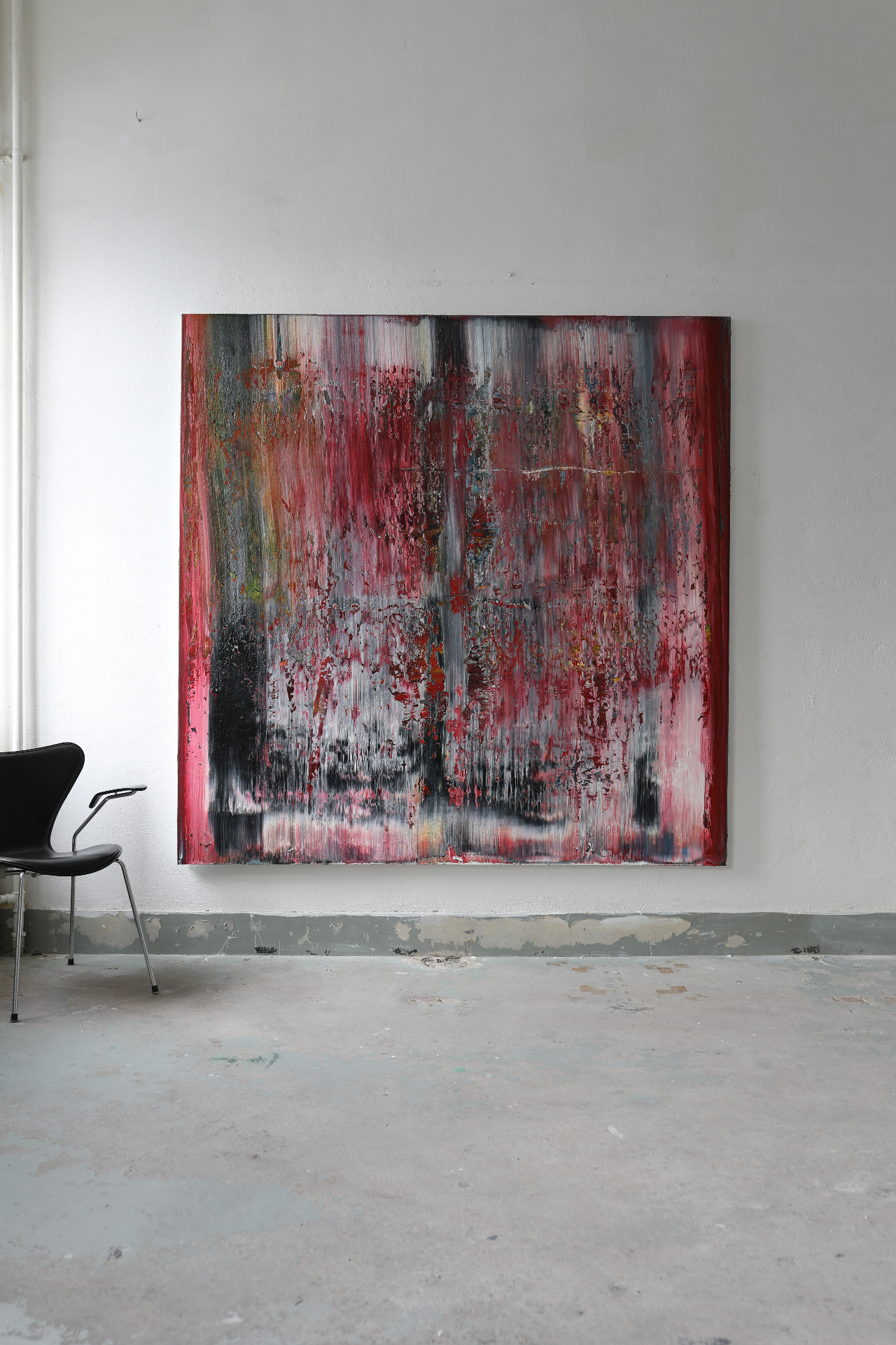 Large red and black abstract painting by Gustav Hjelmgren — Gerhard Richter abstract study
